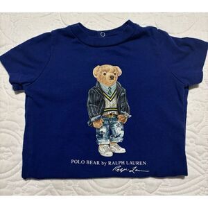 Ralph Lauren Baby Boys 9 Month Navy Polo Bear Graphic Short Sleeve One-Piece
